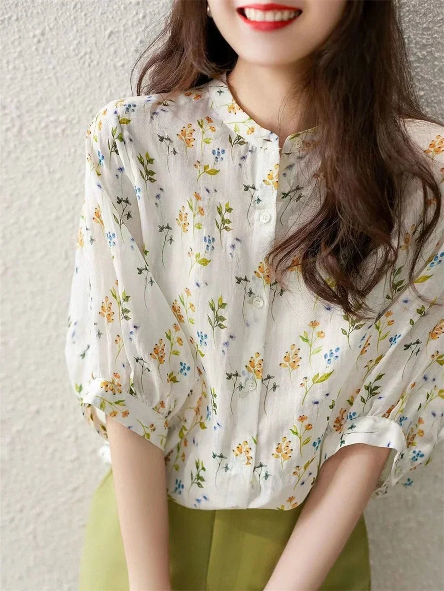 Women Casual Summer Blouse with Short Puff Sleeves and Stand Collar Featuring Elegant Flower Print