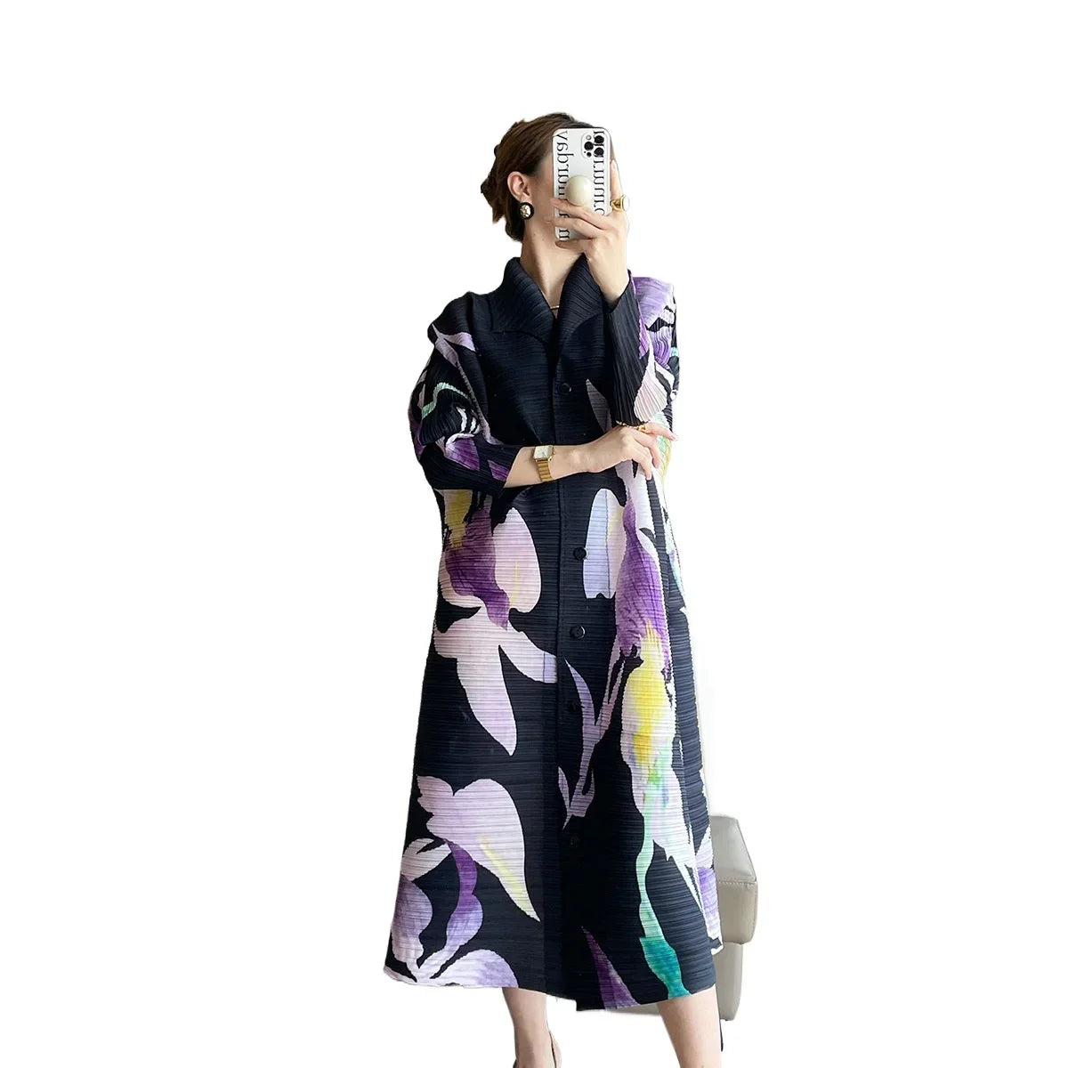 Printed Floral Midi Dress With Pleated Sleeves And Lapel