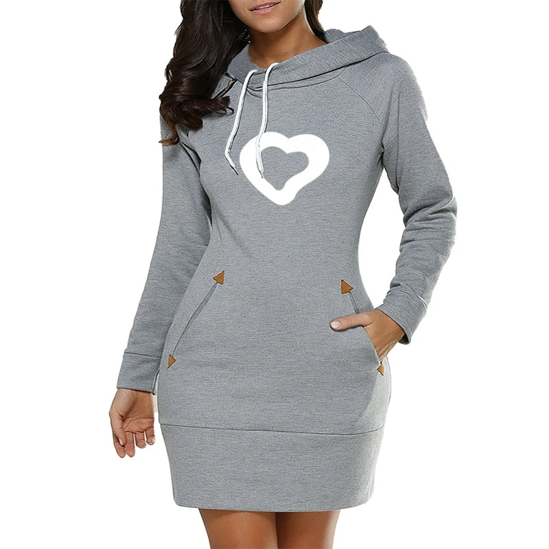 Womens Hooded Midi Dress With Pockets Zip Neckline Casual