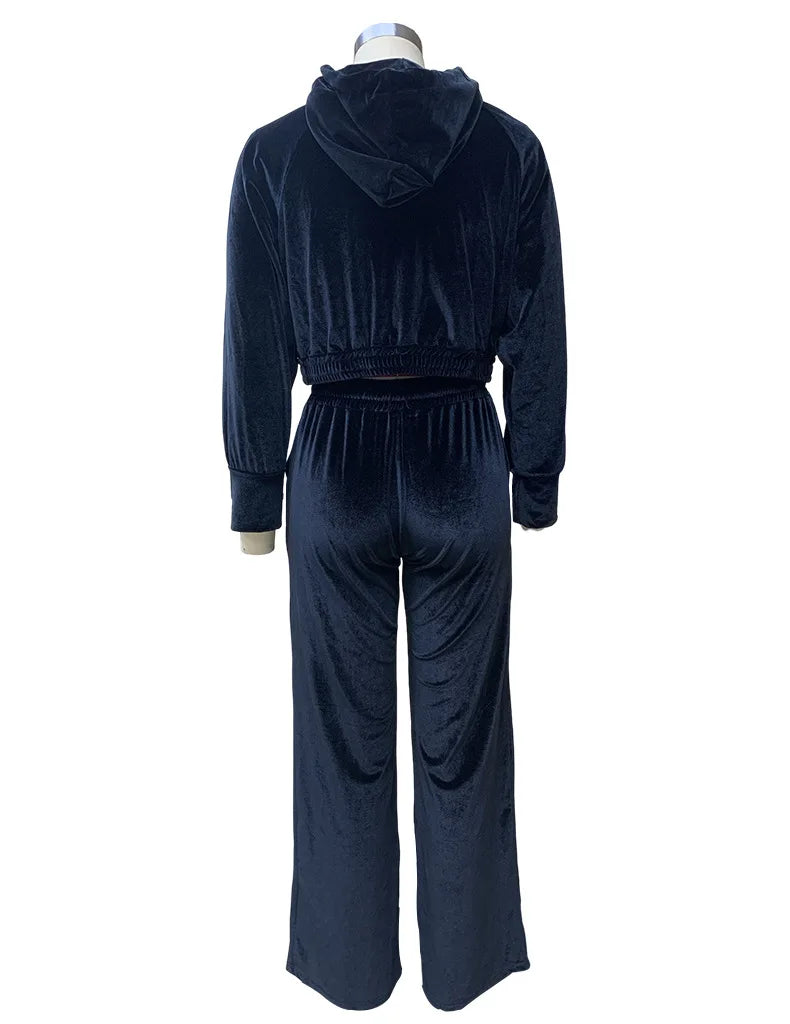 Velvet Tracksuit Women Two Piece Set with Zipper Crop Coat and Long Pants Casual Outfit