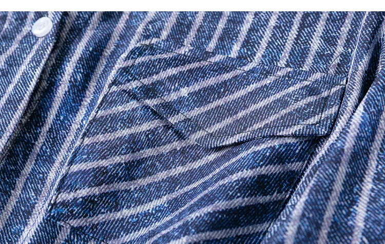 Women 100 Percent Mulberry Crepe Silk Shirt Blue Jeans Stripe Printed Three Quarter Sleeve Pullover Blouse Elegant Office Top in M L XL