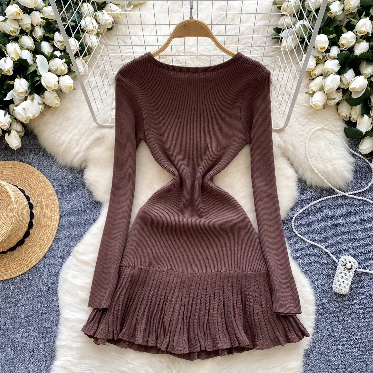 Knitted Short Dress With O Neck Bow Bodycon Chic Style