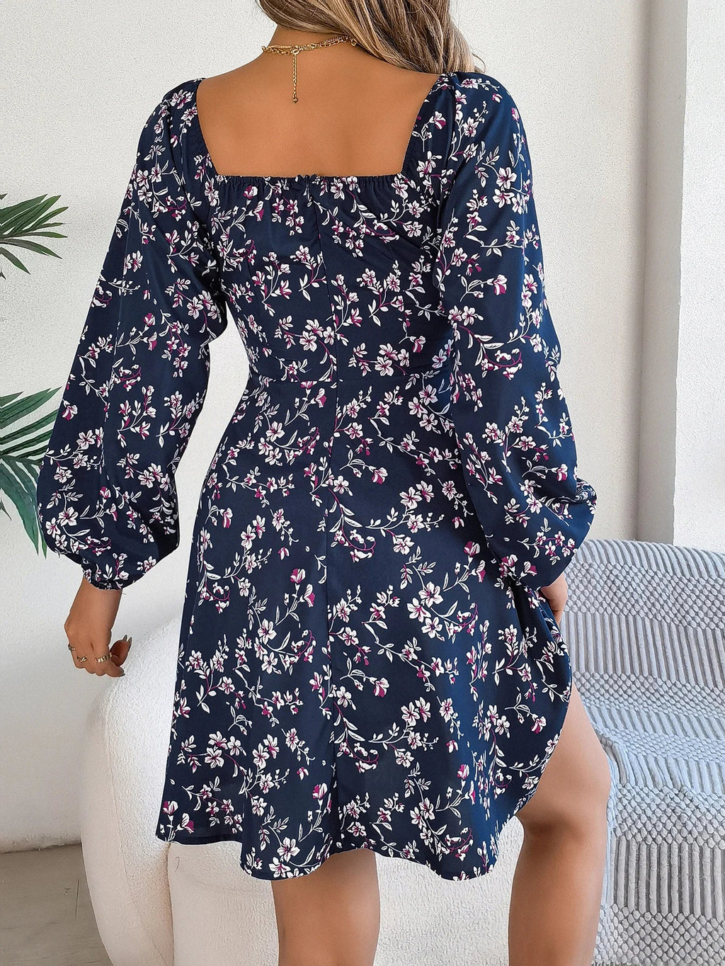 Floral Print Square Neck Dress With Long Sleeve Lace Up