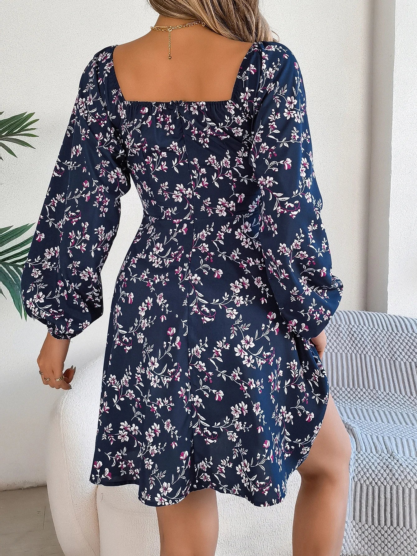 Floral Print Square Neck Dress With Long Sleeve Lace Up