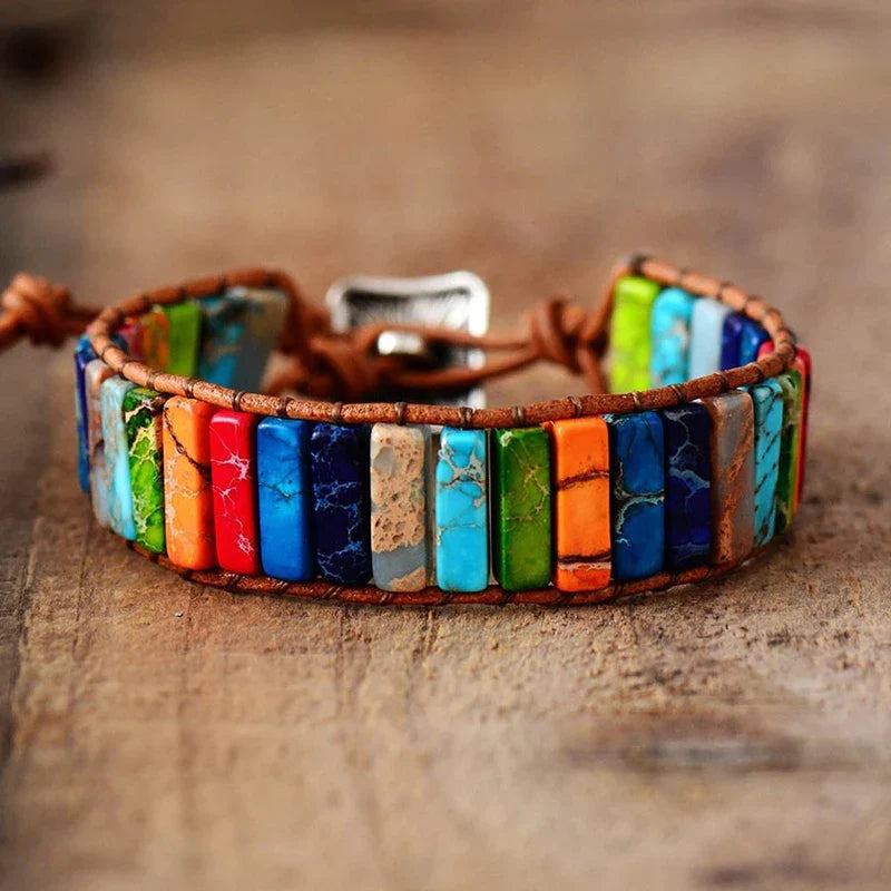 Bohemian Multicolor Chakra Healing Bracelet with Rectangular Stones and Leather Rope Woven Design