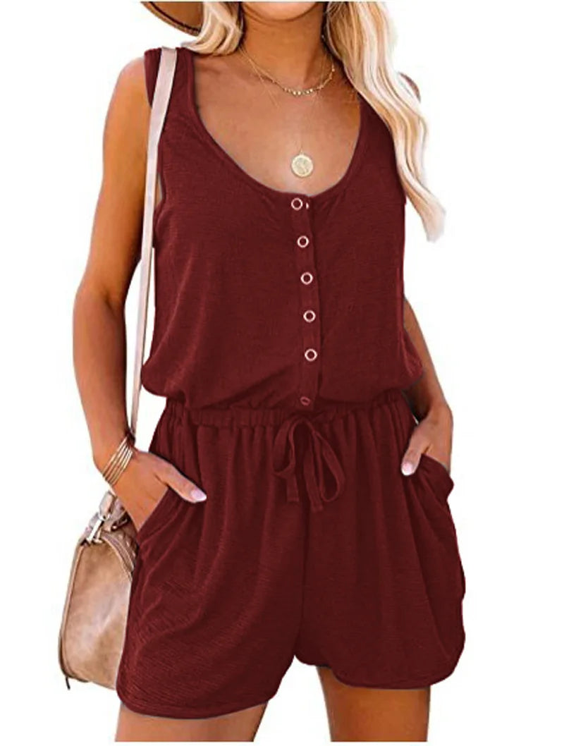 Sleeveless Summer Jumpsuit for Women with Waist Tie Casual Loose Fit Wide Leg Shorts