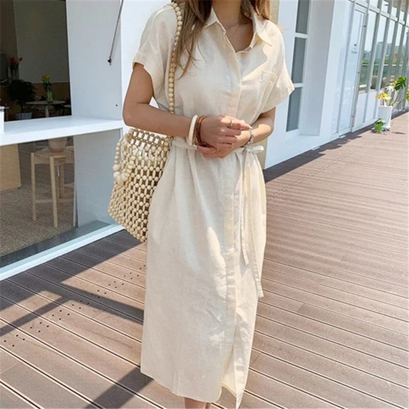 Cotton Linen Shirt Dress for Women High Waist Pocket Lace