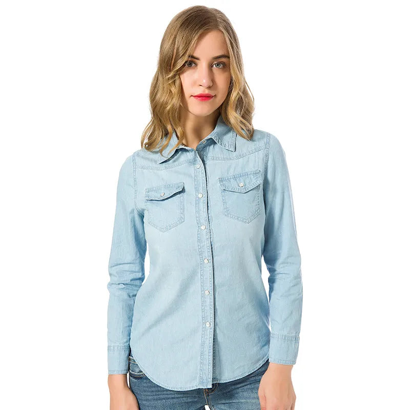 Elegant Sky Blue Denim Shirt for Women Long Sleeve Blouse with Pearl Buttons and Front Pockets Breathable Cotton Korean Style Top