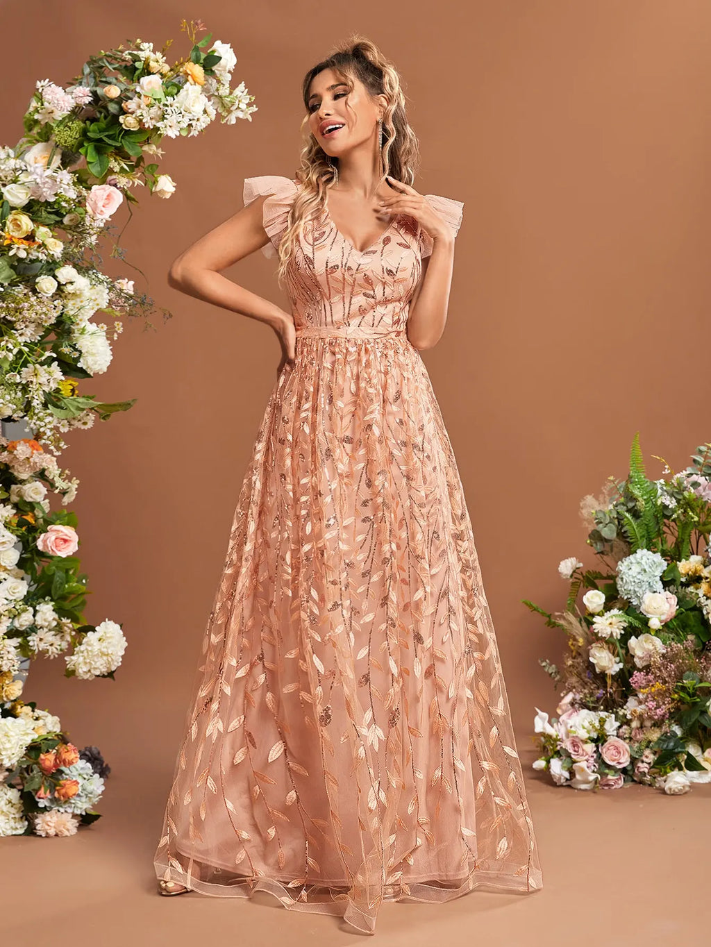 Lace Mesh Evening Gown With Ruffled Sleeves Ball Dress