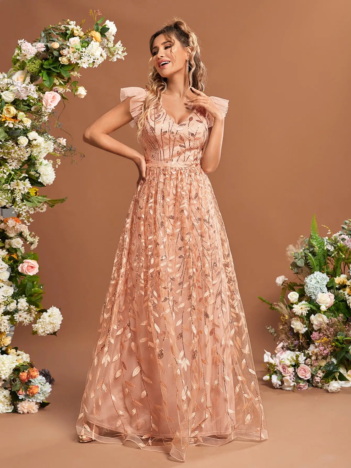 Lace Mesh Evening Gown With Ruffled Sleeves Ball Dress
