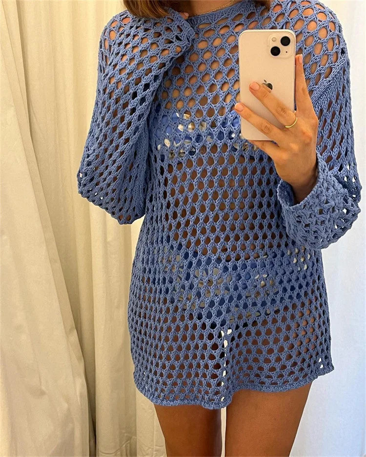 Knit Hollow Out Beach Cover Up Dress See Through For Women