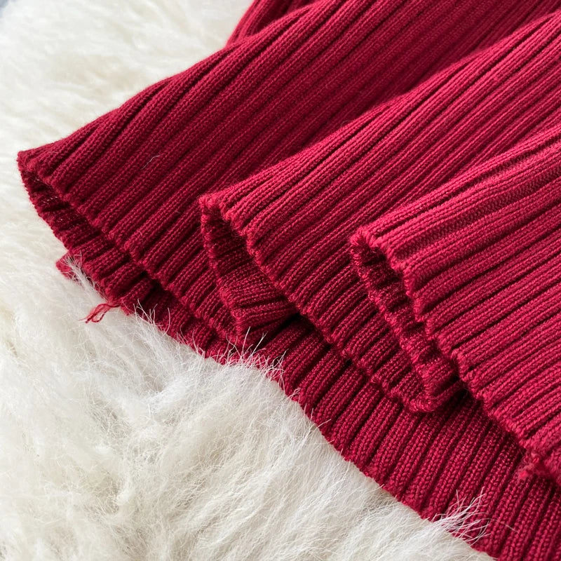 Womens Winter Knitted Dress Stand Collar With Sash Belt