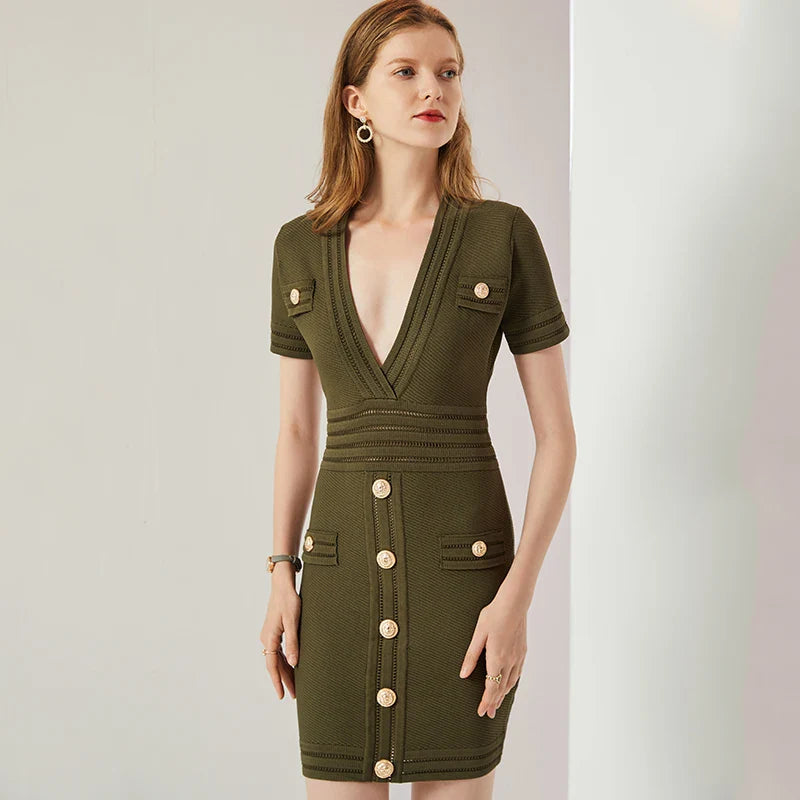 V Neck Knit Short Sleeve Black Sheath Dress With Elastic