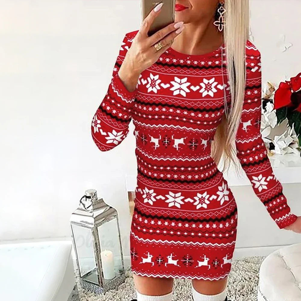 Elegant Red Snowflake Bodycon Christmas Dress For Women