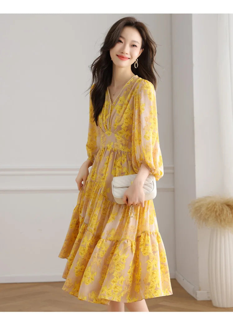 Floral Chiffon Dress For Women V Neck A Line Dress