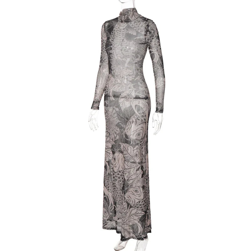 Women Mesh See Through Bodycon Long Sleeve Dress Autumn