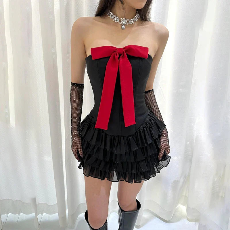 Y2K Bow Applique Mesh Pleated Mini Dress Strapless Backless