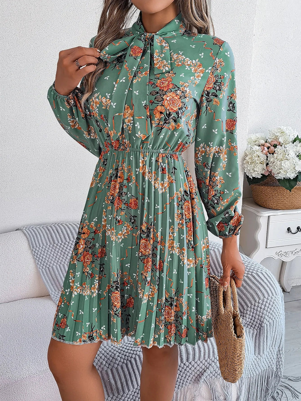 Floral Print Lace Up Long Sleeve Pleated Dress With Bow