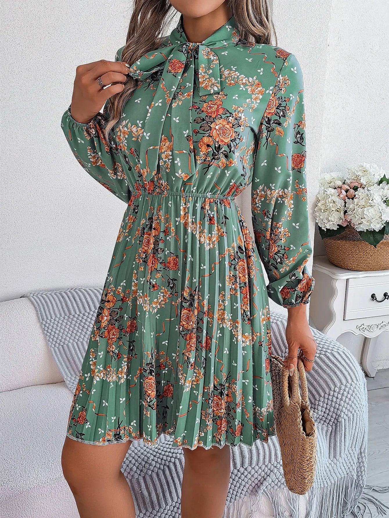 Floral Print Lace Up Long Sleeve Pleated Dress With Bow