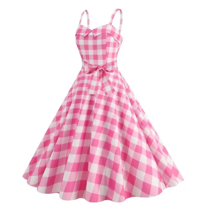 Pink Plaid Suspender Dress High Waisted Party Gown Chic