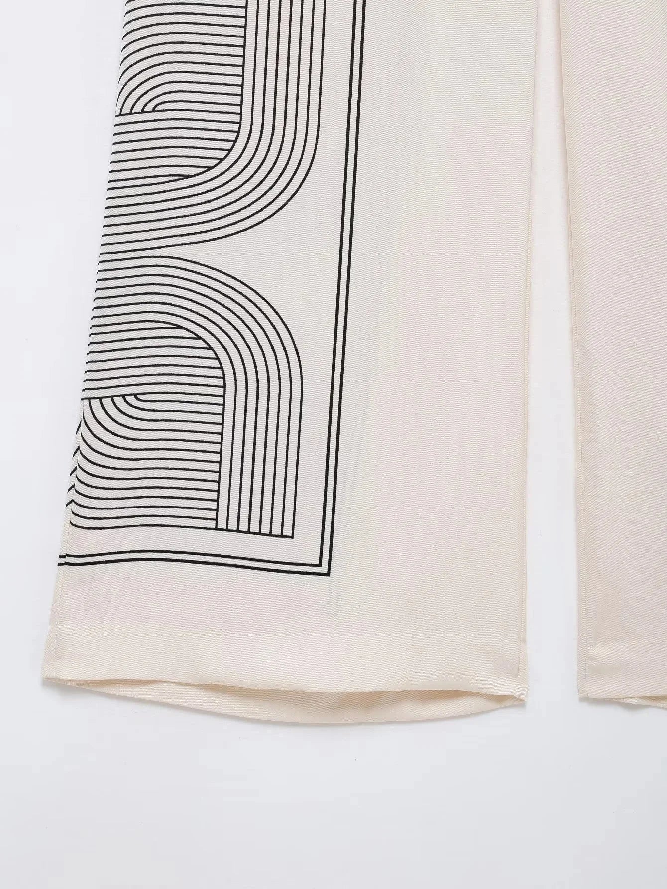 Stylish Women's Suit Set with Long Sleeve Shirt and Wide Leg Pants in Creamy Base and Geometric Patterns