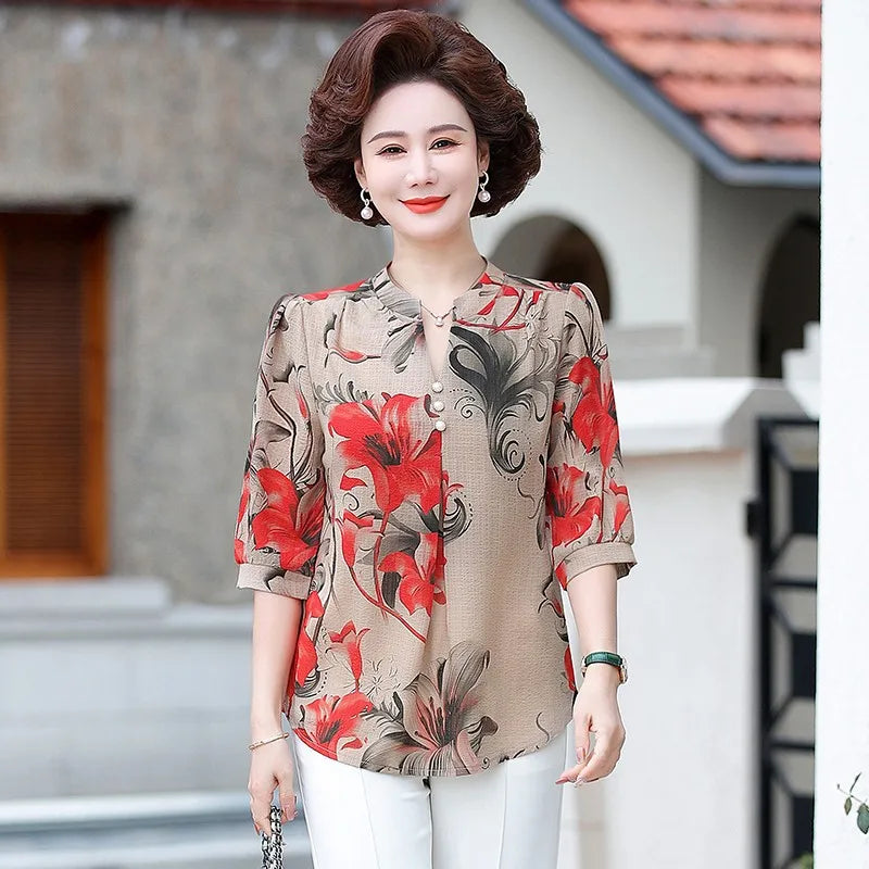 Summer Vintage Floral Blouse for Women Single-Breasted Round Neck Half Sleeve Casual Shirt with Broken Flower Print