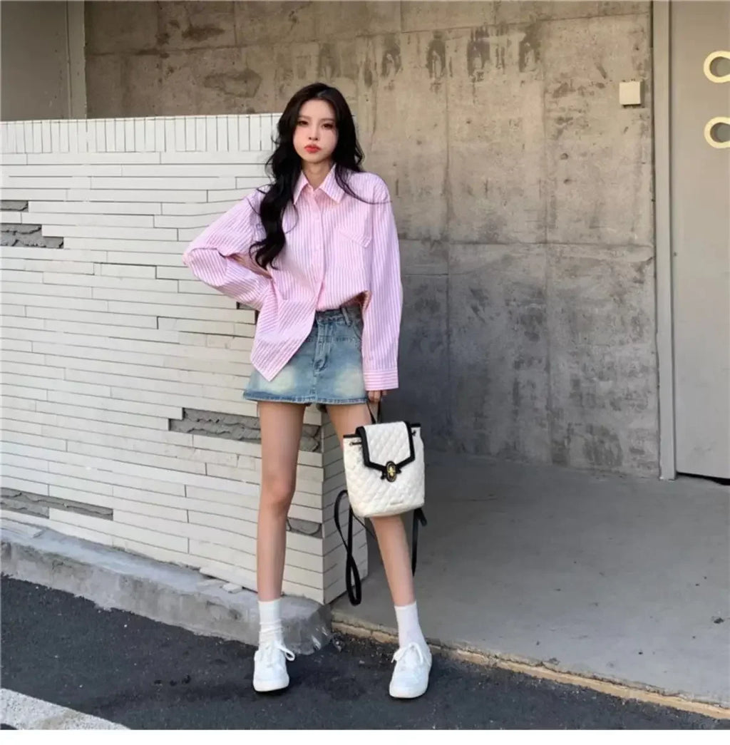 Loose Blue Striped Long Sleeve Blouse with Pocket Casual Versatile Shirt for Women