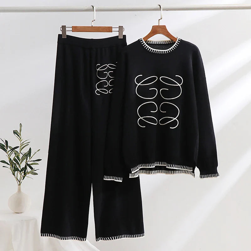 Casual Women Two Piece Tracksuit Set Thick Winter Sweatshirt and Pants Cozy Knitted Loungewear
