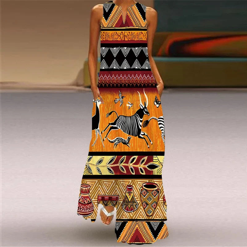 Printed Sleeveless V Neck Summer Dress For Women Chic