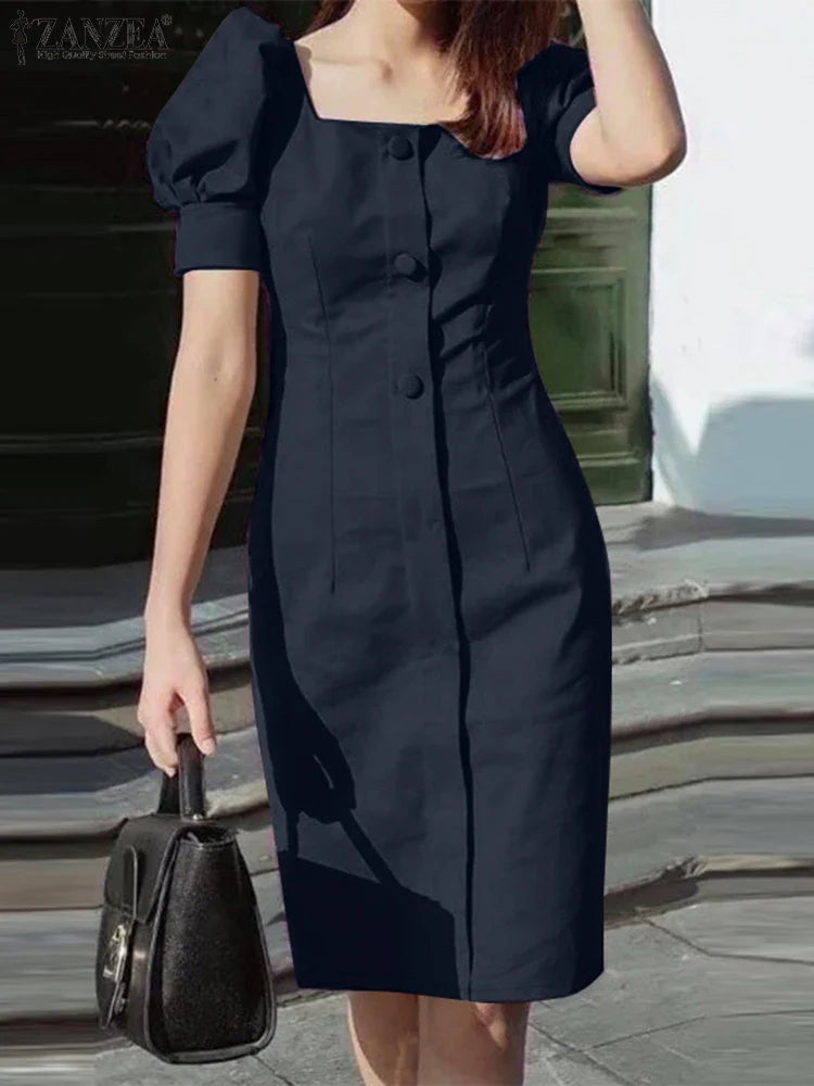 Puff Sleeve Square Collar Sheath Dress For Women Summer