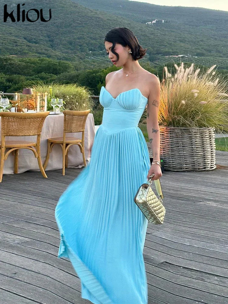 Pleated Maxi Dress Wrap Front Zip Up Bodice Shaping