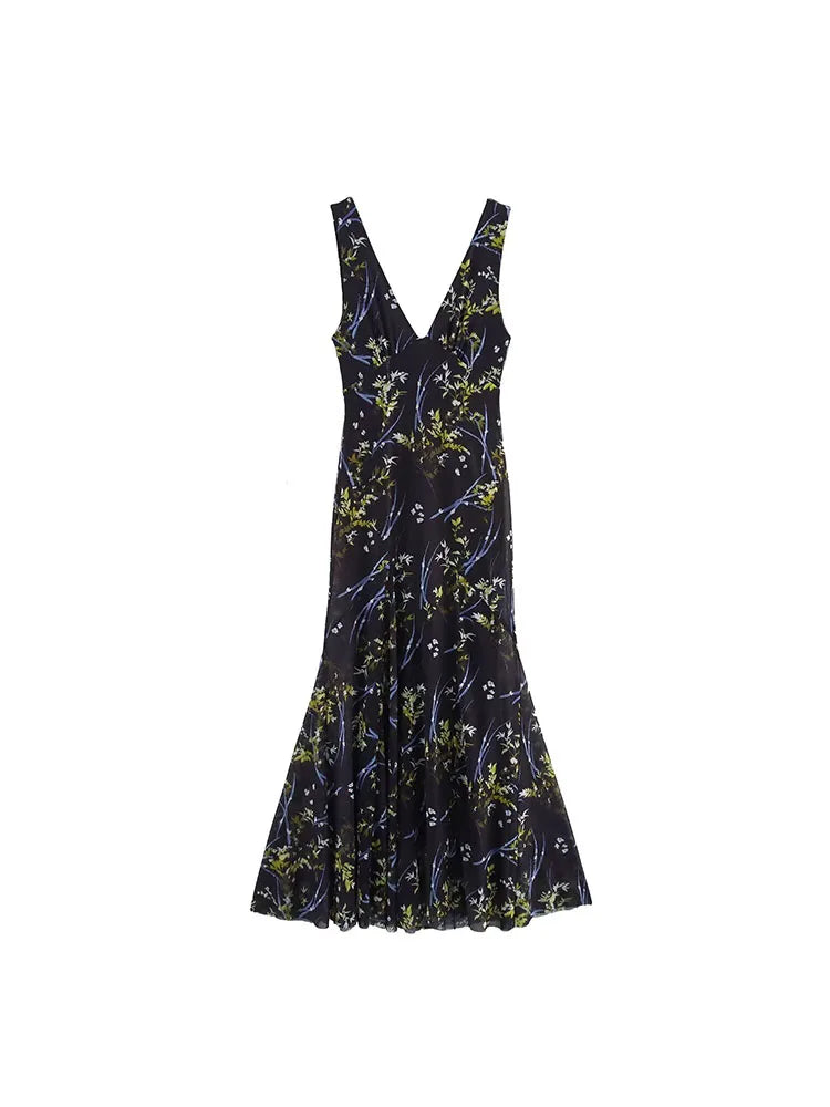 Women Summer Midi Tank Dress Vintage Print Chiffon V Neck