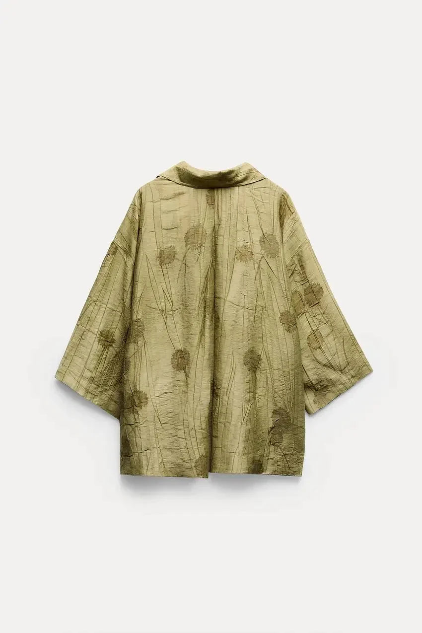 Jacquard Shirt Pants Suit for Women with Lapel Half Sleeve and Pockets, Wide Leg Pant Set for Summer Streetwear