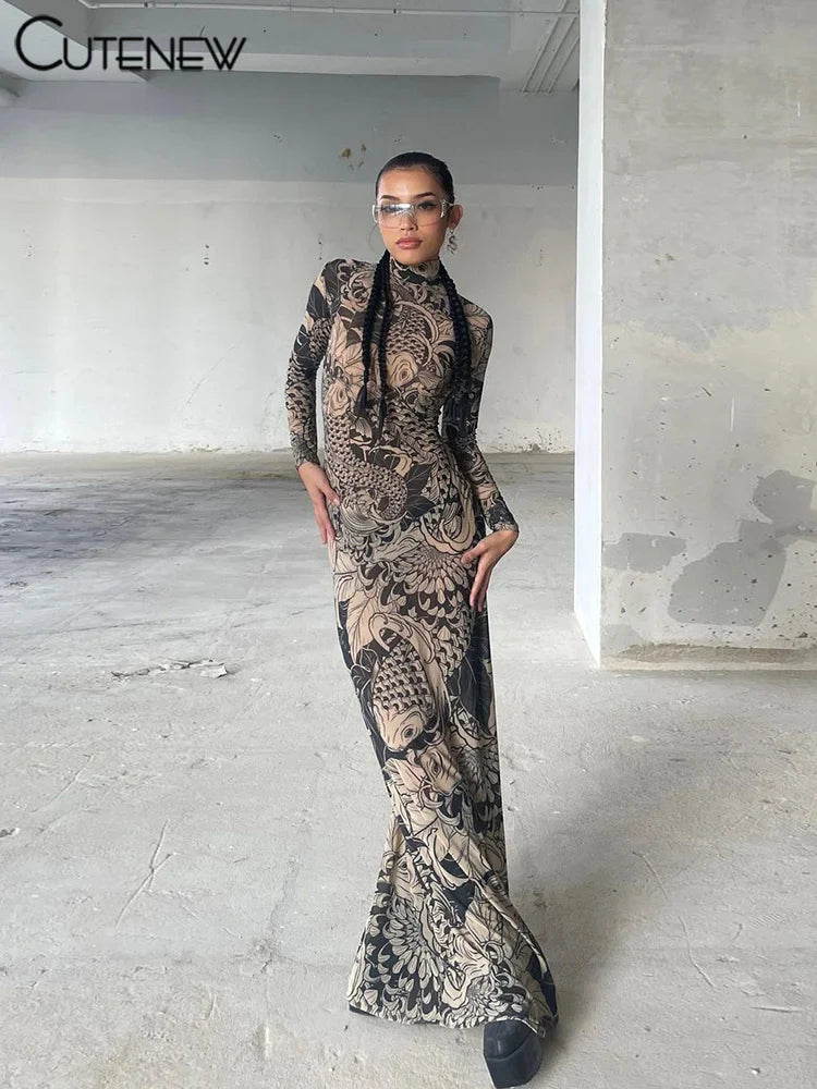 Elegant Long Sleeve Printed Maxi Dress With O Neck