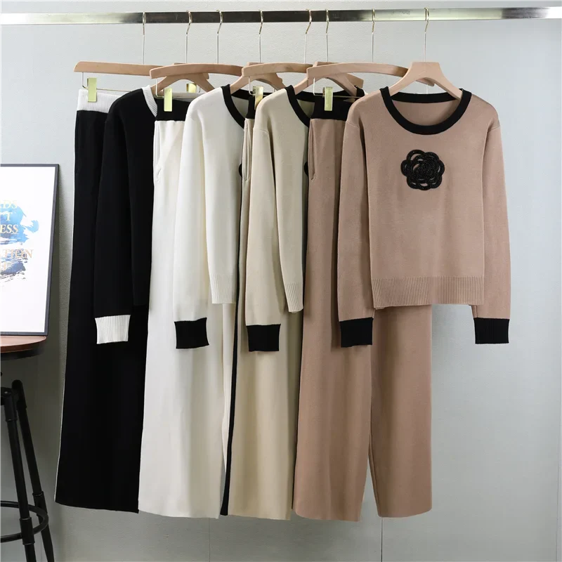 Knitted Loose Women Pant Suit Set with O Neck Pullover and Wide Leg High Waist Pants