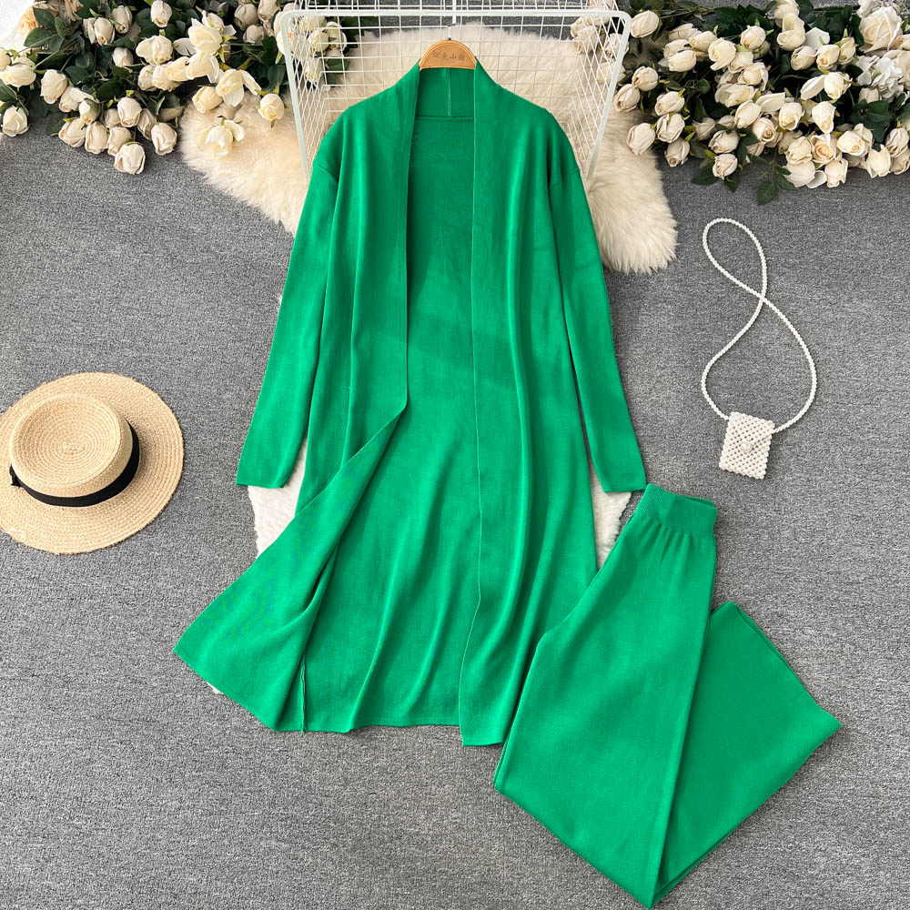 3 Piece Knitted Tracksuit Set for Women Comfy Loungewear with Long Cardigan Coat Turtleneck Vest and Pants