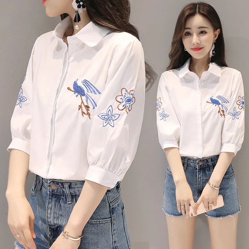 Embroidered Five-Point Sleeve Summer Shirt for Women Lightweight Lapel Casual Top with Elegant Literary Style and Versatile Temperament
