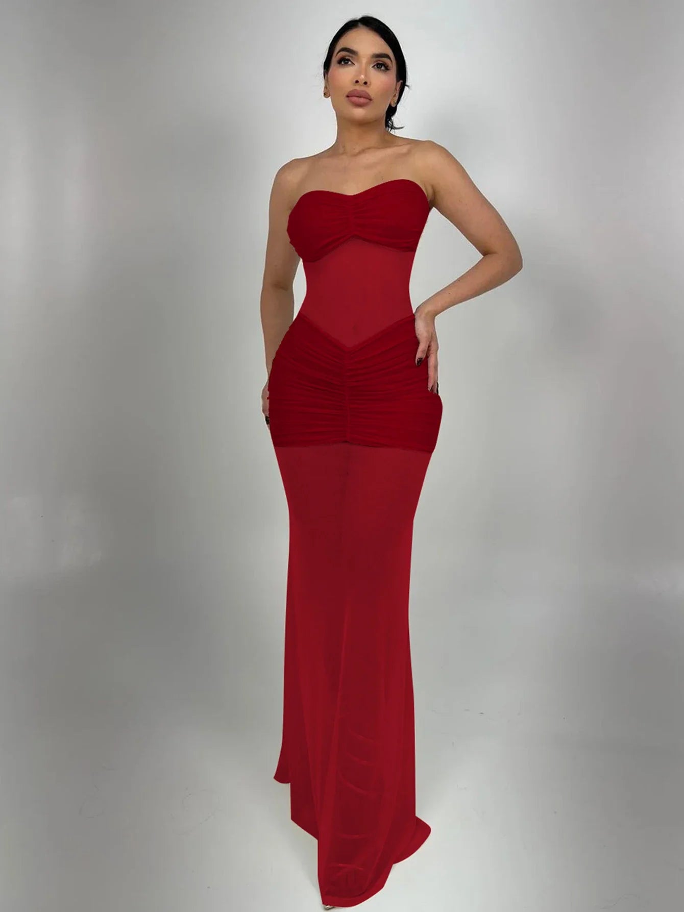 Backless Maxi Dress Sleeveless Bodycon Ruched Mesh Elegant