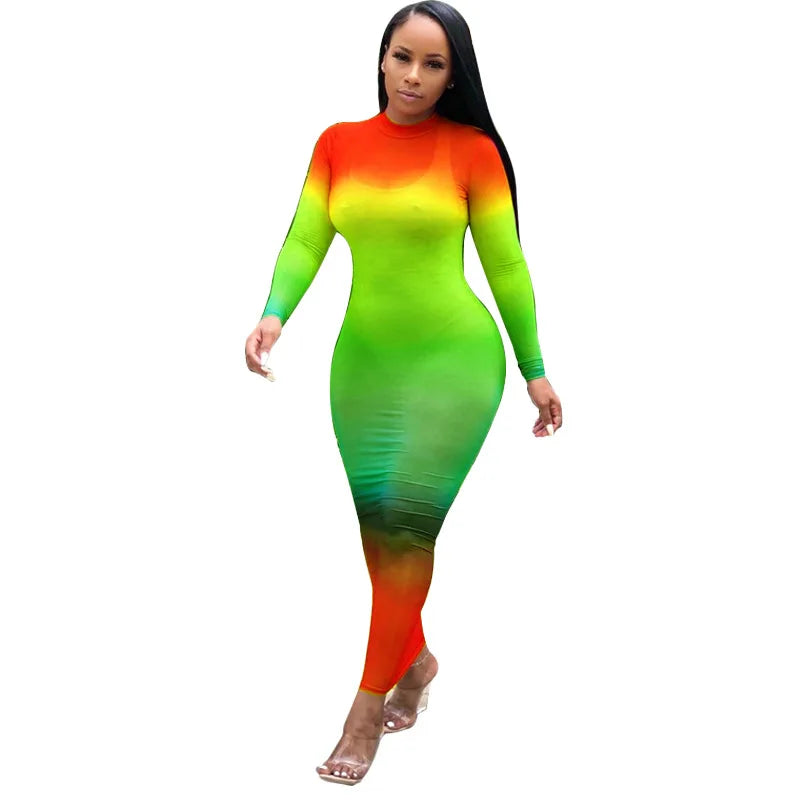 Rainbow Gradient Sheer O Neck Dress For Clubwear Nights
