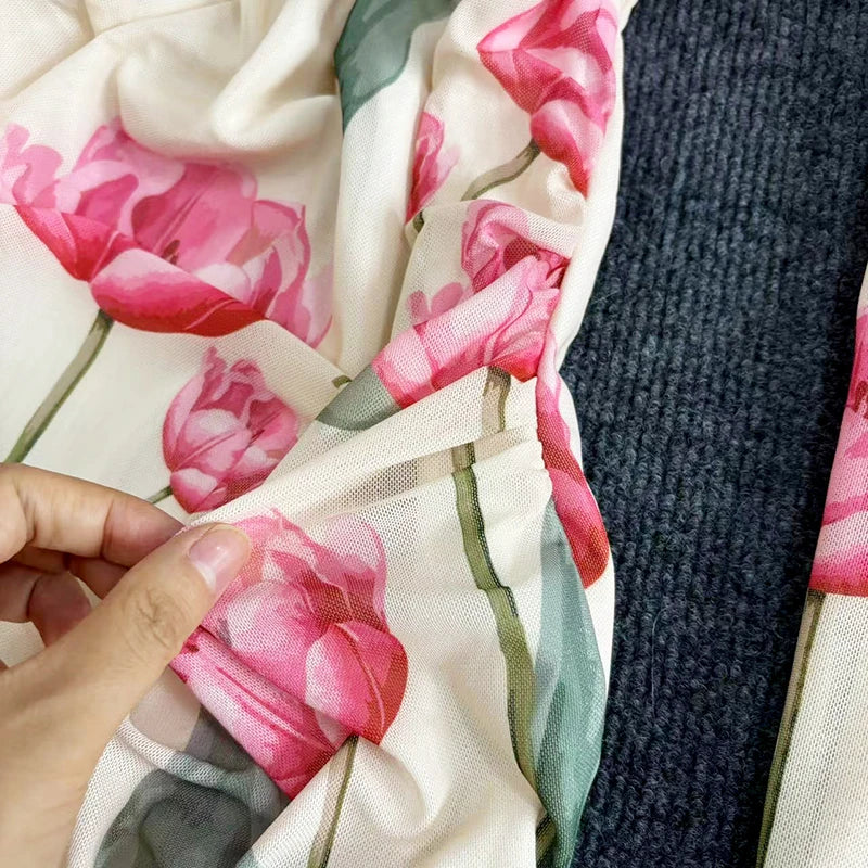 Mesh Print Maxi Dress With V Neck Full Sleeve Bodycon