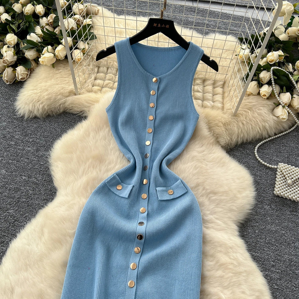 Elegant Solid Knitted O Neck Sleeveless Midi Dress Buttons