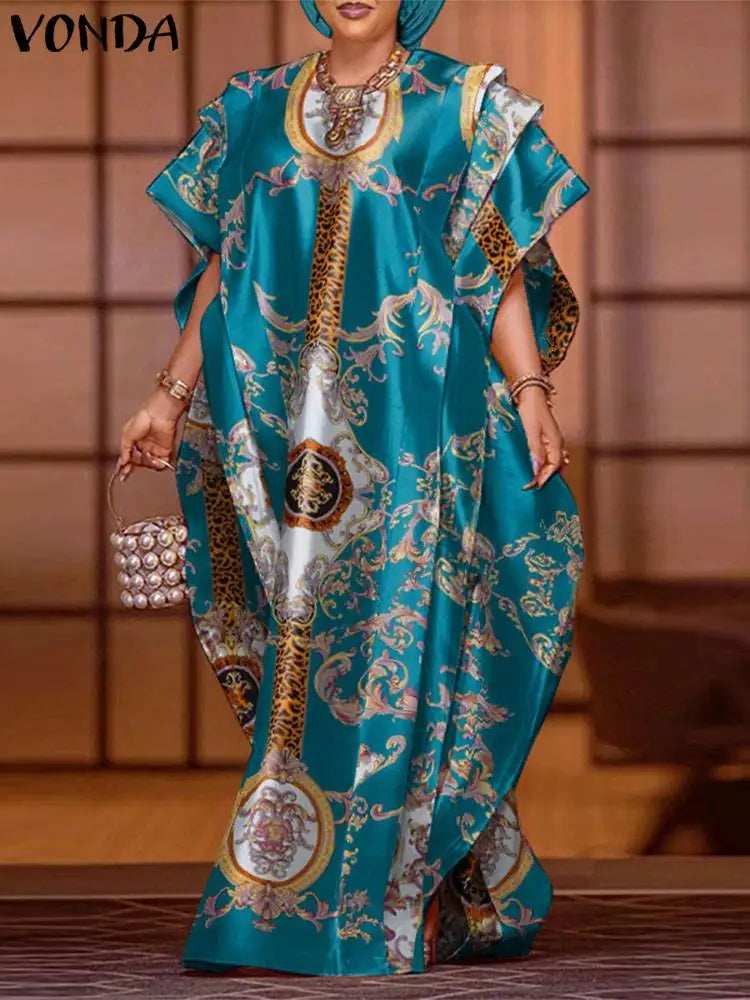 Satin Patchwork Maxi Dress Bat Wing Sleeve Elegant Dress