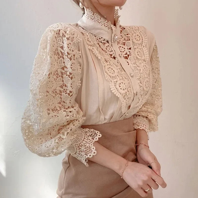 Women's Spring Summer Hollow Out Lace Blouse with Chic Button Detail Vintage Stand Collar Long Puff Sleeve Top