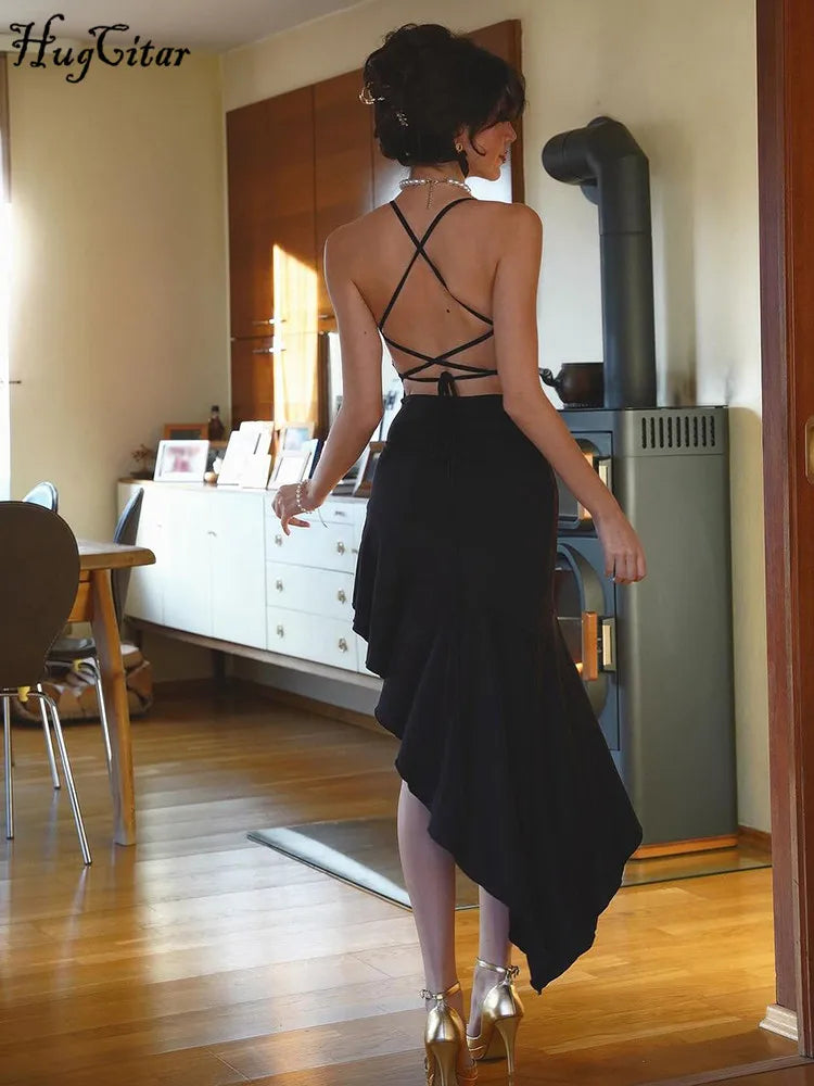 Backless Lace Up Draped Midi Dress With Square Collar