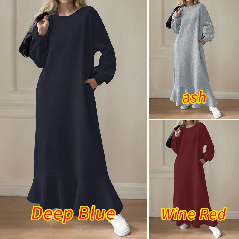 Autumn Boho Long Sleeve Sweatshirt Maxi Dress With Pockets