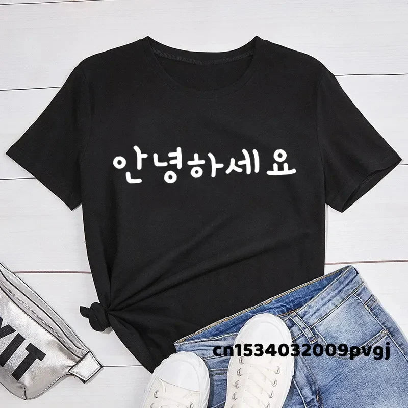 Korean Hangul Annyeonghaseyo Graphic T-Shirt for Women Kpop Fashion Short Sleeve Kawaii Summer Tee