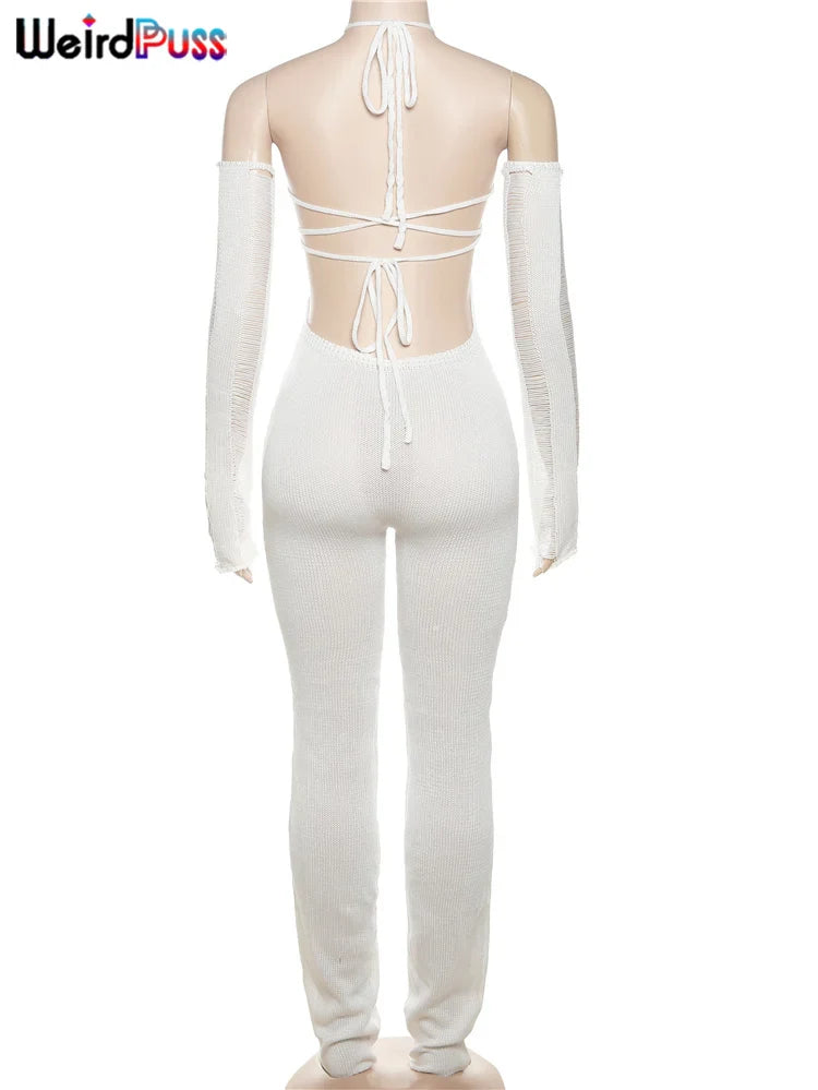Weird Puss Bandage Knit Halter Jumpsuit with Gloves Women Stretch Sexy Backless Hollow Skinny Street Style Stacked Workout Overalls