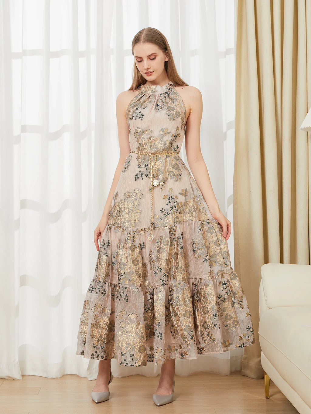 Embroidered Organza Backless Halter Dress For Summer Beach