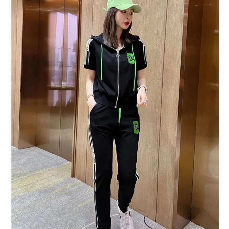 Women's Casual Loose Fit Tracksuit Set with Short Sleeve Hooded Top and High Waist Pants