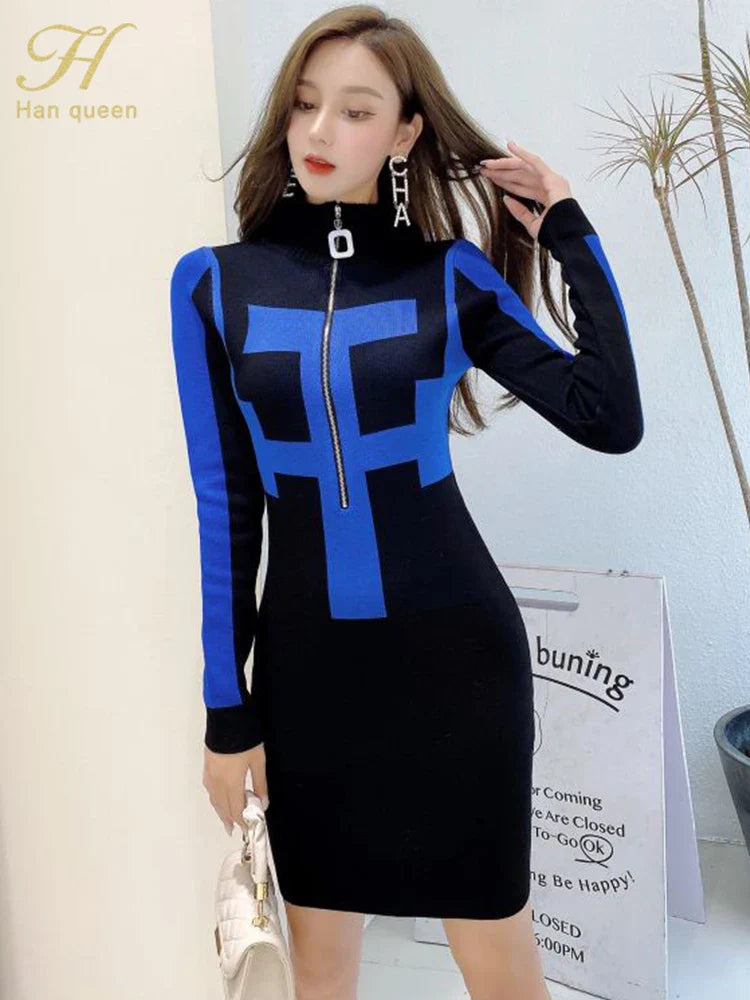 Winter Knit Bodycon Dress With Zipper Pattern Chic